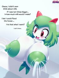 absurd_res anthro areola big_areola big_breasts big_nipples bodily_fluids breast_expansion breasts dialogue emillie_(zanbonsen) female green_hair hair happy hi_res huge_areolae huge_breasts humanoid kirlia lactating lactation lactation_without_stimulation milk nintendo nipples open_mouth open_smile pokémon_(species) pokemon pokemon_(species) puffy_areola puffy_nipples red_eyes shortstack sitting smile solo video_games zanbonsen