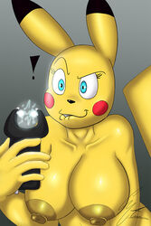 anthro areola big_breasts black_nose blue_eyes breasts electricity female g4rron hi_res mammal nintendo nipples pikachu pokémon_(species) pokemon rodent simple_background smile solo taser video_games yellow_body