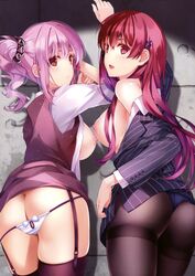 2girls ass bare_shoulders blush breasts female female_only laying_down long_hair looking_at_viewer looking_back misaki_kurehito multiple_girls open_mouth open_shirt panties pantyhose presenting see-through_clothing stockings suit sweat tagme tagme_(character) thick_thighs underwear