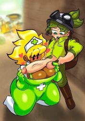 1boy 1boy1girl 1girls backpack balls bbw big_breasts big_penis big_tits blurry_background blush blushing boots button_down_shirt cleavage clothed clothing dark_skin erect_penis erection female freckles gloves goggles green_clothing green_eyes green_hair heart hearts_around_head helmet huge_breasts huge_cock huge_thighs humanoid kneeling leafs male male/female nurse nurse_cap on_knees peashooter_(pvz) penis penis_on_breasts penis_out plants_vs_zombies plants_vs_zombies:_garden_warfare pvz shocked_expression sunflower_(pvz) sweat sweating theguywhodrawsalot thick_thighs touching_penis veiny_penis yellow_hair