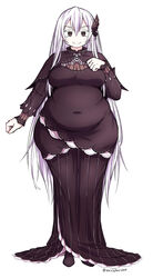 1girls albino bbw black_eyes butterfly_hair_ornament clothed echidna_(re:zero) long_hair obese_female overweight re:zero_kara_hajimeru_isekai_seikatsu