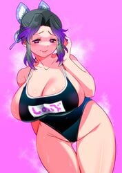 big_breasts black_hair bursting_breasts butterfly_hair_ornament demon_slayer drooling female female_only hair_ornament heart-shaped_pupils huge_breasts kimetsu_no_yaiba kochou_shinobu looking_at_viewer one-piece_swimsuit perepere-kun pink_background purple_background purple_hair school_swimsuit sideboob smirk solo sweat swimsuit thigh_gap two_tone_hair wide_hips