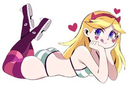 1girls abysswatchers alternate_costume ass bikini blonde_hair blue_eyes breasts devil_horns disney disney_channel female female_only headband light-skinned_female light_skin long_socks shoes socks solo solo_female star_butterfly star_vs_the_forces_of_evil striped_bikini the_pose tongue tongue_out white_background