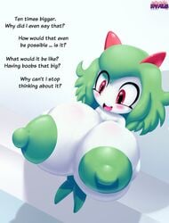 absurd_res anthro areola big_areola big_breasts big_nipples breast_expansion breasts dialogue emillie_(zanbonsen) female green_hair hair happy hi_res huge_areolae huge_breasts humanoid kirlia nintendo nipples open_mouth open_smile pokémon_(species) pokemon pokemon_(species) puffy_areola puffy_nipples red_eyes shortstack sitting smile solo video_games zanbonsen