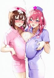 2girls ai_generated blue_eyes blush breast_grab breasts brown_eyes brown_hair cum cum_in_mouth cum_on_breasts cum_on_hair megurine_luka meiko meiko_(vocaloid) nai_diffusion nurse_uniform pink_hair stable_diffusion thighs very_long_hair vocaloid