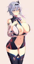 areolae bare_shoulders between_breasts blue_hair blue_neckwear boots breasts breasts_out cowboy_shot eula_(genshin_impact) female genshin_impact hair_ornament half-closed_eyes hands_on_own_chest highres large_areolae large_breasts long_sleeves navel necktie necktie_between_breasts nipples open_clothes open_mouth purple_eyes pussy solo solo_female thigh_boots thighhighs uncensored yamiiv