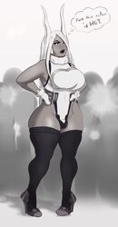 1boy bulge bunny_ears cosplay crescent_print crossdressing crowd fake_breasts femboy gloves hands_on_hips hero_outfit_(mha) high_heels large_breasts leotard lipstick long_hair male_with_breasts miruko_(cosplay) monochrome my_hero_academia patito_papito speech_bubble thighhighs trap wide_hips