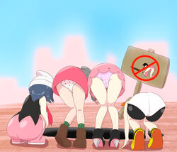 4girls ass bent_over boots dawn_(pokemon) female female_only gloria_(pokemon) human looking_down marnie_(pokemon) may_(pokemon) may_(pokemon_oras) microsd_(artist) multiple_girls nintendo panties pokemon pokemon_dppt pokemon_oras pokemon_ss source_request upskirt