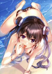 1girls ass bare_shoulders barefoot beach bikini blush braid breasts double_bun fellatio_gesture female female_only inviting long_hair looking_at_viewer misaki_kurehito nipples on_all_fours on_knees presenting solo sticking_out_tongue tagme tagme_(character)