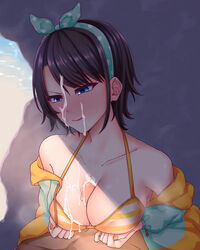 1boy 1girls beach bikini blue_eyes brown_hair clothed clothed_female_nude_male clothed_sex cum cum_on_body cum_on_breasts cum_on_face dark_skin exposed_breasts faceless_male facial headband heart-shaped_pupils hololive hololive_gen_2 hololive_japan large_breasts light_skin ocean oozora_subaru paizuri paizuri_under_clothes short_hair smile swimsuit symbol-shaped_pupils virtual_youtuber zeramu