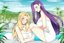 2girls alternate_version_available bamboo bathing big_breasts blonde_hair blush breasts cleavage day earrings female_only fire_emblem fire_emblem_echoes:_shadows_of_valentia fire_emblem_gaiden hot_spring inviting jewelry large_breasts lindaroze long_hair looking_at_viewer mathilda_(fire_emblem) mature_female multiple_girls naked_towel necklace nintendo onsen outdoors outside purple_eyes sitting smile sonya_(fire_emblem) towel very_long_hair violet_eyes violet_hair white_towel