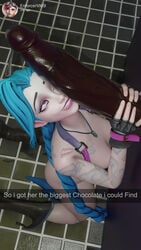 3d 3d_(artwork) ahe_gao bathroom big_penis blue_hair dark-skinned_male dark_skin erection extrachris-py female glory_hole handjob happy huge_cock imminent_sex interracial jinx_(league_of_legends) kneeling league_of_legends nude penis penis_awe penis_grab pink_eyes precum smile snapchat tattoo twintails vi