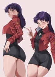 1girls ;d ass big_ass black_dress blush breasts bubble_butt closed_mouth clothing cropped_jacket dat_ass dress earrings female grey_background hand_on_hip human jacket jewelry large_breasts light-skinned_female light_skin long_hair long_sleeves looking_at_viewer looking_back misato_katsuragi multiple_views necklace neon_genesis_evangelion one_eye_closed open_clothes open_jacket open_mouth orange_eyes pencil_skirt purple_hair red_jacket ryudraw short_dress signature simple_background sitting smile stud_earrings v