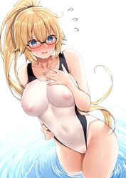 bangs bare_shoulders blue_eyes blush breasts collarbone competition_swimsuit fate/grand_order fate_(series) female flying_sweatdrops glasses highleg highleg_swimsuit highres izure_(pixiv16392012) jeanne_d'arc_(fate) jeanne_d'arc_(swimsuit_archer) large_breasts long_hair looking_at_viewer nipples one-piece_swimsuit open_mouth ponytail see-through swimsuit thighs very_long_hair wading water wet white_swimsuit