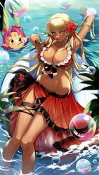 2girls alternate_costume aqua_eyes bangs bikini blonde_hair blurry blurry_foreground breasts bubble bubble_blowing cleavage cluseller commentary_request commission dark-skinned_female dark_skin day depth_of_field eyebrows_visible_through_hair eyewear_removed facial_mark fae_(fire_emblem) female female_only fire_emblem fire_emblem:_the_binding_blade flower food frilled_bikini frills groin hair_between_breasts hair_between_eyes hair_flower hair_ornament hibiscus highres holding holding_eyewear huge_breasts igrene_(fire_emblem) large_breasts long_hair looking_at_viewer mole mole_under_eye multiple_girls navel outdoors partially_submerged pink_hair pointy_ears red_bikini see-through shiny shiny_skin skeb_commission smile soaking_feet solo_focus sunglasses sunglasses_removed swimsuit thigh_strap thighs very_long_hair water