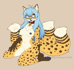 absurd_res anthro bell blep blue_claws blue_eyes blue_hair blue_nipples blue_pawpads blue_tongue breasts canid canine cheetah chest_tuft claws collar digital_media_(artwork) digitigrade eyewear felid feline female fox furry glasses hair heterochromia hi_res hybrid kneeling kyotoleopard long_hair mammal multi_tail neko_ed nipples nude pawpads pinup pose red_eyes solo tongue tongue_out trans_woman transfem tuft