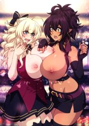 2girls annabelle_(dark_alley_elf) ass bare_shoulders big_ass big_breasts big_butt blonde_hair blue_eyes blush breast_expansion breasts breasts_out brooch butt clothed crescentia dark-skinned_female dark_alley_elf dark_elf dark_skin earrings elbow_gloves elf elf_ears embarrassed exposed_breasts eyeshadow female female_only female_protagonist fingerless_elbow_gloves fingerless_gloves francesca_(dark_alley_elf) hips hoop_earrings hoop_earrings_oversized huge_ass huge_breasts huge_butt jewelry large_ass large_breasts large_butt light_skin long_hair long_nails looking_at_breasts midriff nervous open_mouth pointy_ears potion purple_hair ribbon shocked surprised symmetrical_docking thick thick_ass thick_thighs thighhighs thighs wardrobe_malfunction wide_hips yellow_eyes