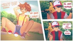 2boys anal androgynous asymmetrical_hair blue_eyes blush cosplay crossdressing crossdressing_male crossplay denim denim_shorts dialogue eyelashes femboy game_freak gay hair_between_eyes hair_tie heart hi_res high_resolution highres kasumi_(pokemon) legs looking_at_viewer male_only male_pokemon_protagonist navel nintendo open_mouth orange_hair pikachu pokémon_(species) poke_ball pokemon pokemon_(anime) pokemon_(classic_anime) pokemon_(game) pokemon_protagonist pokemon_rgby ponytail red_(pokemon) red_hair rotten_bastard rule_63 shirt short_hair shorts side_ponytail spread_legs suspenders tank_top tied_hair yaoi yellow_shirt yellow_tank_top