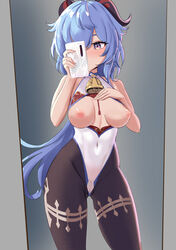 absurdres black_legwear blue_hair blush breasts breasts_out cameltoe cellphone center_opening cowboy_shot evasong female ganyu_(genshin_impact) genshin_impact hand_on_own_chest highleg highleg_leotard highres holding holding_phone horns leotard long_hair medium_breasts nipples pantyhose phone purple_eyes self_shot solo taking_picture thighs wide_hips