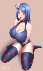 1girls akatsuki_(naruto) bare_arms bare_shoulders big_breasts blush busty cleavage clothed clothed_female clothing eyeshadow female female_focus female_only hair_flower kneeling konan large_breasts legwear light-skinned_female light_skin makeup medium_hair naruto naruto_(series) naruto_shippuden naughty_face neoreptil on_knees open_mouth orange_eyes partially_clothed pinup purple_hair shoulder_length_hair shounen_jump solo solo_female solo_focus tank_top thighhighs tight_clothing tongue tongue_out