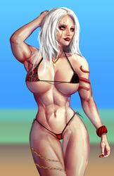 1girls abs athletic_female beach bikini crusader elf female female_only large_breasts lionsblade muscles paladin pale_skin purefire scar solo summer white_hair world_of_warcraft