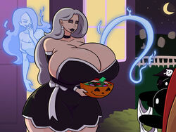 big_ass big_breasts black_lipstick blue_eyes brown_eyes candy choker closed_eyes earrings eyes_closed flashing flashing_breasts ghost goth goth_girl halloween halloween_costume mascara possession smile tongue tongue_out tourin17 trick-or-treat white_hair