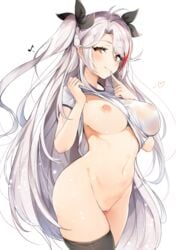 1girls azur_lane bottomless breasts clothed clothing female_focus female_only gym_uniform light-skinned_female light_skin luse_maonang mostly_nude nipples no_bra pale_skin prinz_eugen_(azur_lane) pussy red_potato_rinrin see_through shirt_lift solo standing stockings thighhighs uncensored wet_clothes wide_hips