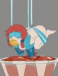 arms_bound blazera blindfold bondage condiment fast_food female food food_in_mouth freckles french_fries fries ketchup legs_bound red_hair restrained suspension wendy's wendy_thomas