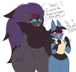 ass blush breasts dart(dewwydartz) dewwydarts dewwydartz dialogue female furry game_freak lucario nea(dewwydartz) nintendo pokemon pokemon_(species) purple_hair text thick_thighs wide_hips zoroark