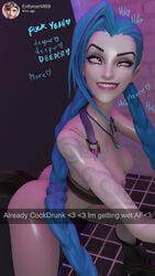 3d 3d_(artwork) anal anal_sex bathroom big_penis blue_hair cock_hungry dark-skinned_male dark_skin erection extrachris-py eyes_rolling_back female fucked_silly glory_hole happy huge_cock interracial jinx_(league_of_legends) league_of_legends nude penis pink_eyes smile snapchat tattoo twintails vi