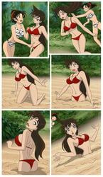 2girls ass belly_button big_ass big_breasts bikini breasts detective_conan fondling fondling_breast groping groping_breasts hairband human implied_yuri kazuha_toyama large_breasts mud pale-skinned_female pale_skin poking pushing pushing_away quicksand ran_mouri serisabibi sinking zebra_print