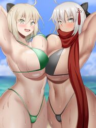 2girls alternate_breast_size beach big_breasts bikini blush breast_to_breast breasts breasts_to_breasts dark-skinned_female dark_skin fate/grand_order fate_(series) female huge_breasts large_breasts multiple_girls okita_souji_(alter)_(fate) okita_souji_(fate) okita_souji_(fate)_(all) tokuchur18 yellow_eyes yuri