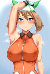 1girls alternate_breast_size armpits bandana bare_shoulders big_breasts blue_eyes blush breasts brown_hair erect_nipples erection_under_clothes eye_contact female green_bandana large_breasts looking_at_viewer may_(pokemon) may_(pokemon_emerald) murasame_(pixiv_38411450) nintendo nipple_bulge pokemon pokemon_rse standing steam steaming_body sweat_stain sweaty_armpits tight_clothing