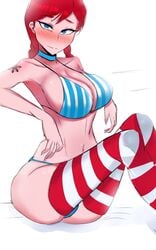 1girls artist_request big_breasts bikini blue_eyes blush breasts choker female female_only looking_at_viewer mascot navel red_hair sitting solo stockings striped_legwear striped_topwear tattoo wendy's wendy_thomas white_background