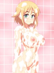 1girls areolae arms_behind_back belly big_breasts blonde_hair breasts eyebrows_visible_through_hair eyelashes_visible_through_hair female green_eyes hanabi_(senran_kagura) happy hourglass_figure looking_at_viewer nipples nude senran_kagura shampoo short_hair shower showering simple_background smile smiling smiling_at_viewer solo solo_female tiled_wall vagina zetsumu ztm