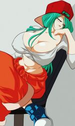 1girls blue_eyes blue_hair breasts bulma_briefs cigarette cleavage dragon_ball dragon_ball_z female female_only future_bulma huge_breasts nala1588 nipple_bulge shoes shounen_jump sneakers