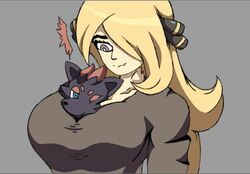 alternate_breast_size big_breasts blonde_hair breasts clothed clothing cynthia_(pokemon) game_cg grey_background hair_over_one_eye huge_breasts inside_breasts large_breasts multiple_versions nintendo pokemon thighnoon