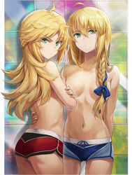 2020s 2021 2girls ahoge alternate_hairstyle arm_around_waist arm_behind_back armpit_crease artoria_pendragon ass back back_view bare_legs belly_button blank_expression blonde blonde_eyebrows blonde_female blonde_hair blonde_hair_female blue_bow blue_shorts bow bow_in_hair braid breasts breasts_apart censored_breasts color convenient_censoring facing_away fanart fate/apocrypha fate/grand_order fate/stay_night fate_(series) father_and_son female female_ass female_focus female_only folded_arms frustrated green_eyes hair_censor hair_covering_breasts hair_covering_nipples hair_down hand_on_another's_back hand_on_back incest long_hair looking_at_viewer looking_back mordred_(fate) mother_and_daughter nipple_censor no_bra pale-skinned_female pale_skin parent_and_child petite pouting red_shorts royalty saber short_shorts shorts side_ponytail simple_background slim_waist small_breasts standing thighs tomboy tonee topless topless_female type-moon white_border