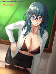 1girls bare_midriff bare_thighs blue_eyes blue_hair blush bra breasts byleth_(fire_emblem) byleth_(fire_emblem)_(female) chalkboard classroom cleavage female female_protagonist fire_emblem fire_emblem:_three_houses fire_emblem_heroes garter_straps glasses grin hand_on_hip highres hocen large_breasts looking_at_viewer nintendo open_clothes open_shirt shirt skirt smile solo teacher teal_hair thighhighs thighs watermark web_address white_shirt whiteboard