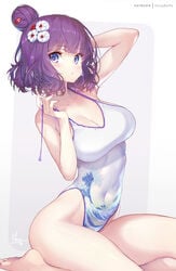 blue_eyes curvy dark_hair fate/grand_order fate_(series) hair_bun hair_ornament hong_(white_spider) katsushika_hokusai_(fate) katsushika_hokusai_(swimsuit_saber) large_breasts looking_at_viewer one-piece_swimsuit short_hair sitting swimsuit thick_thighs