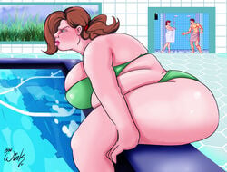 angry bbw big_ass big_belly big_breasts big_butt bikini bikini_bottom bikini_top blue_eyes brown_hair chubby chubby_female curvy curvy_female fat fat_ass female flashing housewife mature mature_female mature_woman milf nonude original original_character overweight overweight_female plump pool poolside public public_shower shocked shower side_view sitting sunburn swimming_pool thewink thick_thighs tile_floor tiles towel water window