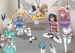 4girls amano_miu black_hair blend_s blonde_hair blue_eyes bondage brown_hair femboy flats gag green_eyes hinata_kaho hogtie hogtied hoshikawa_mafuyu kanzaki_hideri legs legwear multiple_girls purple_eyes red_hair rope sakuranomiya_maika suspension tape_gag trap uniform white_hair