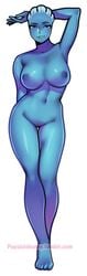 1girls alien asari bioware blue_eyes blue_skin inviting large_breasts liara_t'soni mass_effect one_arm_behind_head popsiclebunny pussy shaved_pussy voluptuous