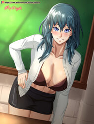 1girls bare_midriff bare_thighs blue_eyes blue_hair blush bra breasts byleth_(fire_emblem) byleth_(fire_emblem)_(female) chalkboard classroom cleavage female female_protagonist fire_emblem fire_emblem:_three_houses fire_emblem_heroes grin hand_on_hip highres hocen large_breasts looking_at_viewer nintendo open_clothes open_shirt shirt skirt smile solo teacher teal_hair thighs watermark web_address white_shirt whiteboard