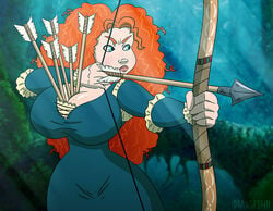 1girls 2018 aged_up arrow between_breasts big_breasts bow_(weapon) brave breasts cleavage detailed_background disney disney_princess drawsputin dress female female_only female_protagonist forest forest_background freckled_skin freckles freckles_on_breasts merida object_between_breasts orange_hair pale-skinned_female pale_skin pixar scottish solo_female straight_hair