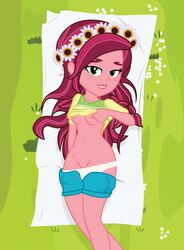 1girls 2020s 2021 accurate_art_style blue_shorts breasts correct_artstyle equestria_girls female female_only friendship_is_magic gloriosa_daisy_(eg) green_eyes hairless_pussy half-closed_eyes hasbro legend_of_everfree long_hair looking_at_viewer lying mostly_nude my_little_pony no_bra outdoors outside panties shorts shorts_down solo unzipped_shorts white_panties