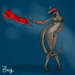 1girls anthro bikini_top bra crocodilian crying dinosaur embarrassed embarrassed_nude_female feathered_dinosaur feathers female female_only hybrid jurassic_park jurassic_world jurassic_world_alive naked nude purrolyth skirt the_nameless_guy wind windy_day