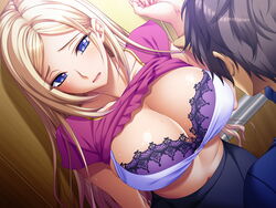 big_breasts bishop bishop_(company) blonde_hair blue_eyes blush bra clothes_lift clothing holding_hand kazoku_~haha_to_shimai_no_kyousei~ large_breasts skirt watase_otoha