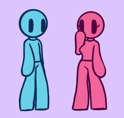 1boy 1girls black_eyes blue_body blue_skin breasts clothed clothes clothing eyelashes female full_body fully_clothed male purple_background red_body red_skin screwroot simple_background standing stickfigure stickman straight
