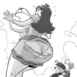 ass_expansion bikini breast_expansion breasts breasts_out comic cosplay female female_focus fludd giantess growth huge_breasts isabelle_(jaw) just-add-water99 male mario_(cosplay) mario_(series) monochrome mushroom original original_character princess_daisy_(cosplay) princess_daisy_animation_(minus8) super_mario_bros. super_mario_sunshine wardrobe_malfunction water